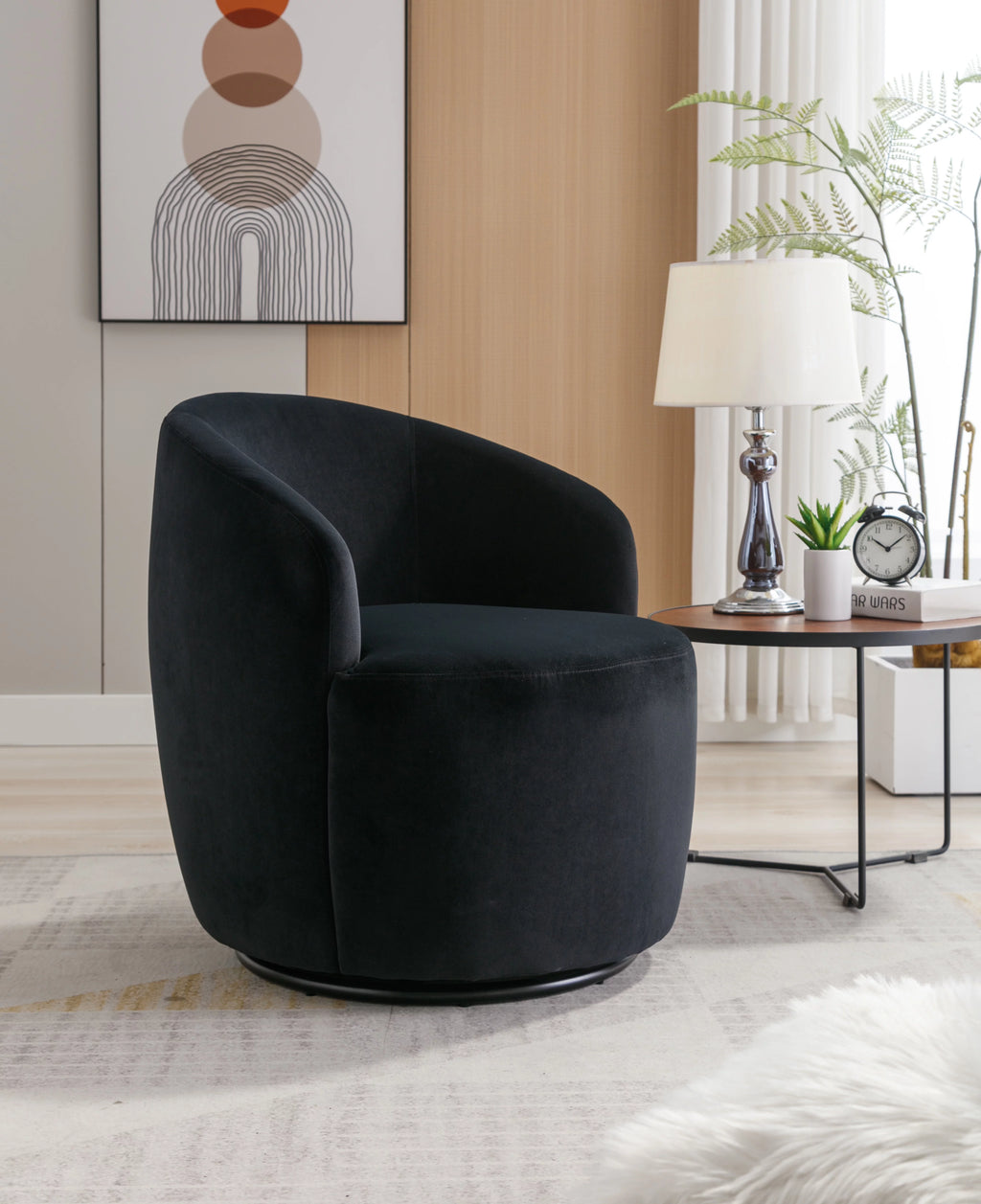 Velvet Fabric Swivel Accent Armchair with Black Metal Ring Z428448