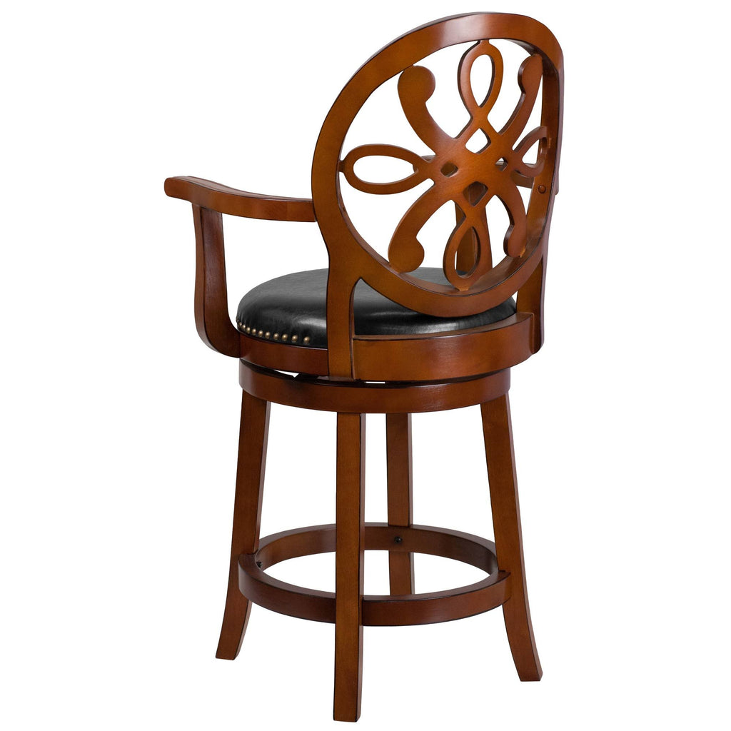 26" High Wood Counter Height Stool with Arms and Black Leather Swivel Seat M20666