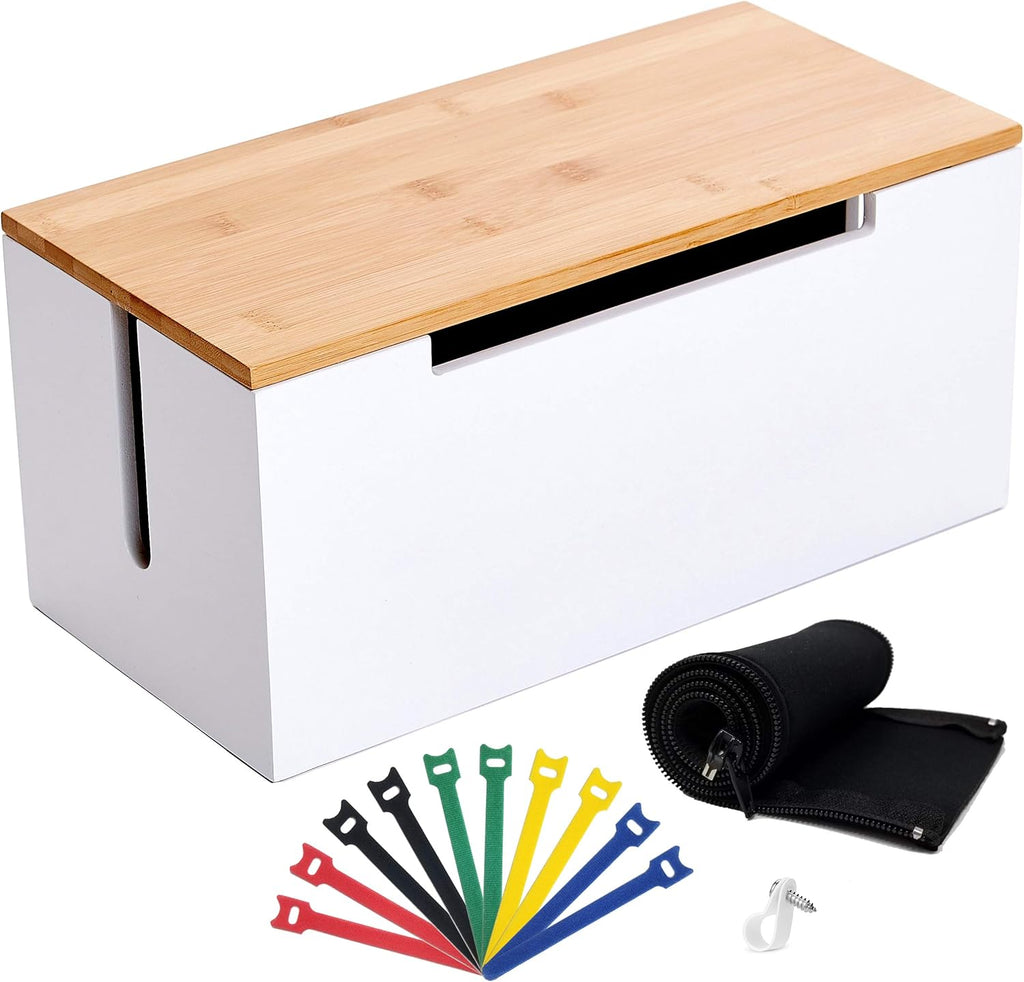 Bamboo Cable Management Box Organizer Large White J314