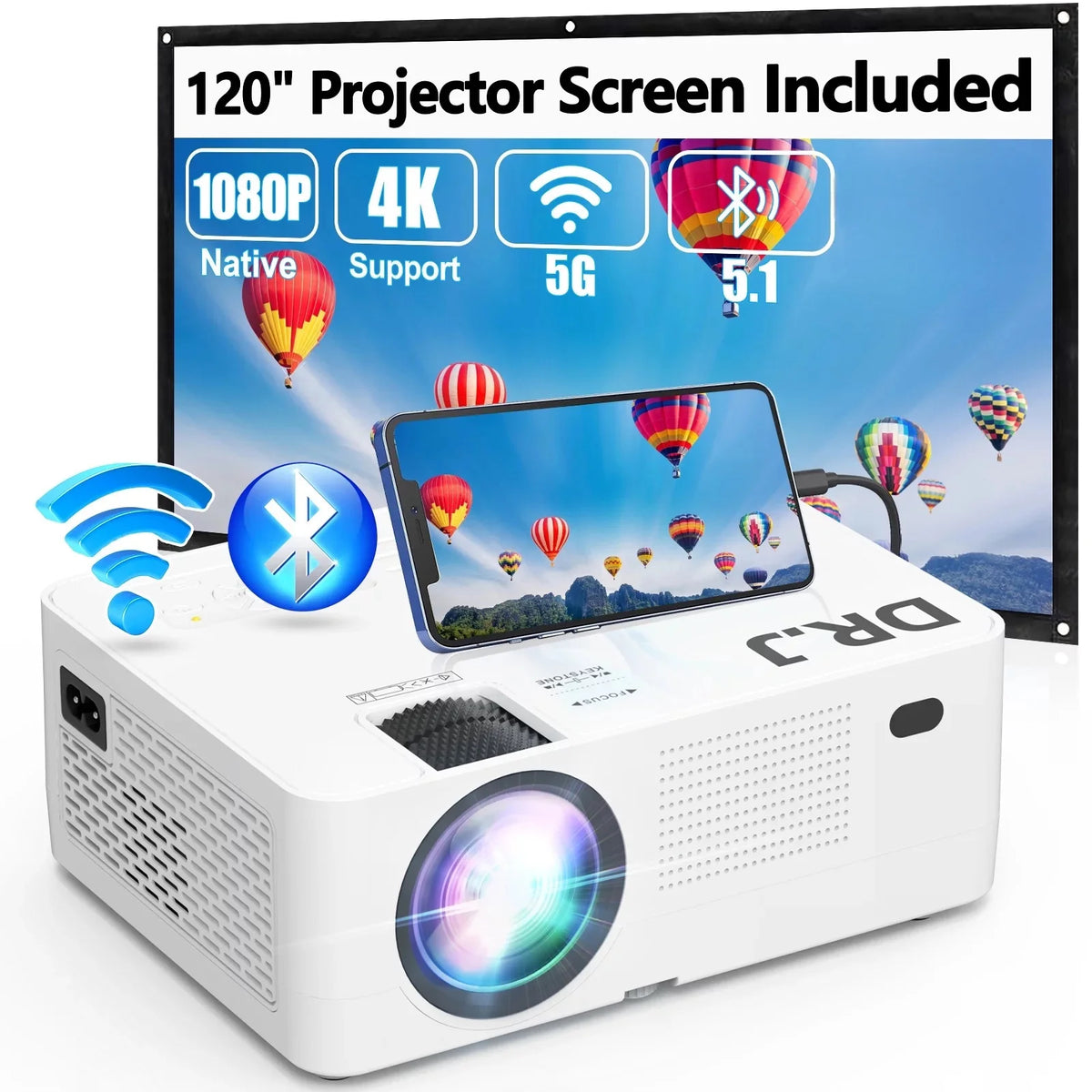1080P 5G Wifi Bluetooth 5.1 4K Outdoor Movie Projector with 120 Screen P8238