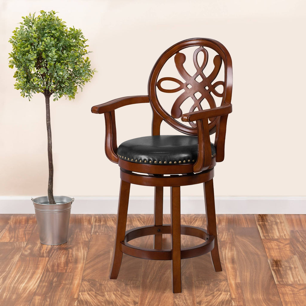 26" High Wood Counter Height Stool with Arms and Black Leather Swivel Seat M20666