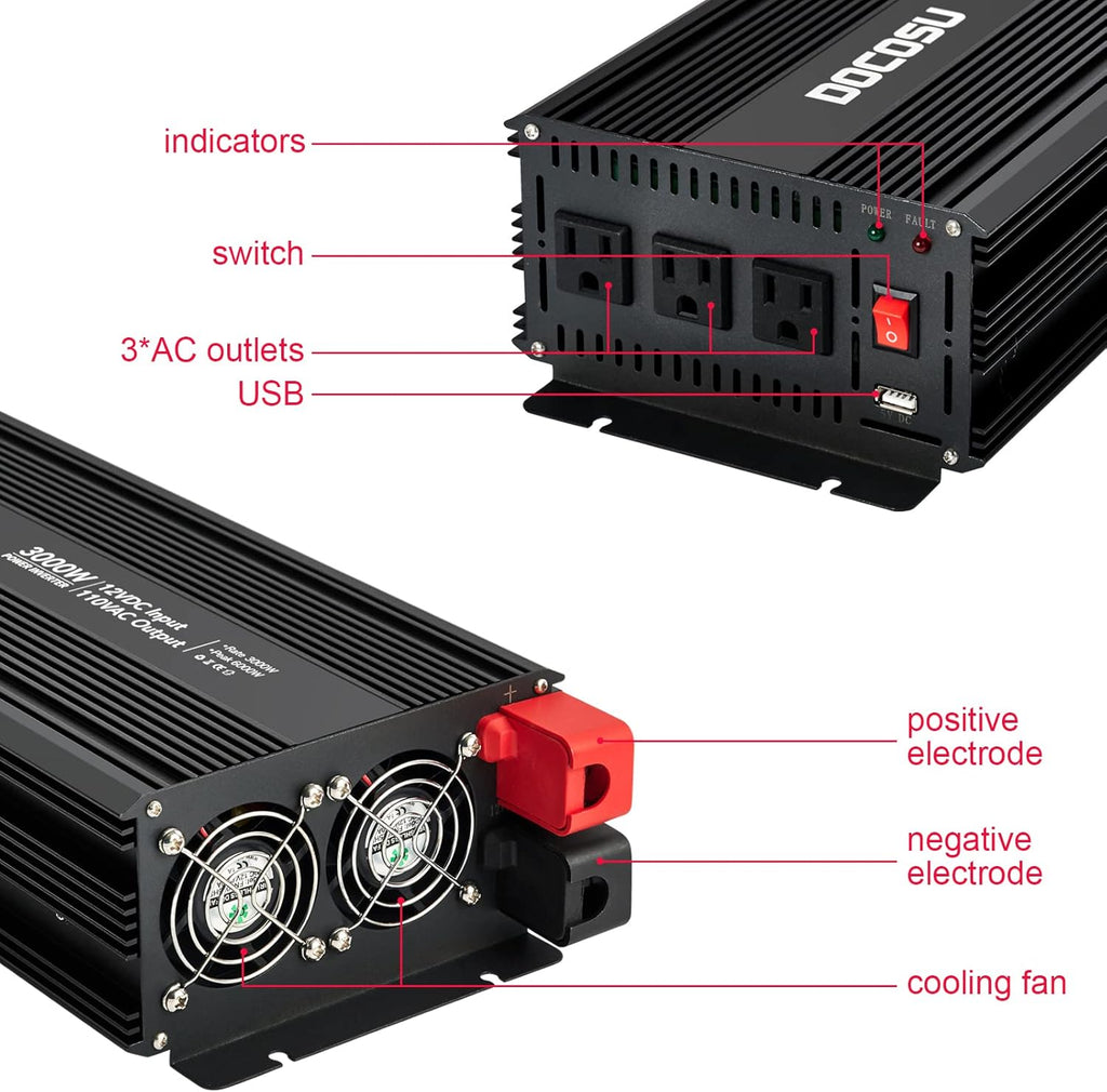 3000 Watt Power Inverter with 3 AC Outlets Modified Sine Wave M19084