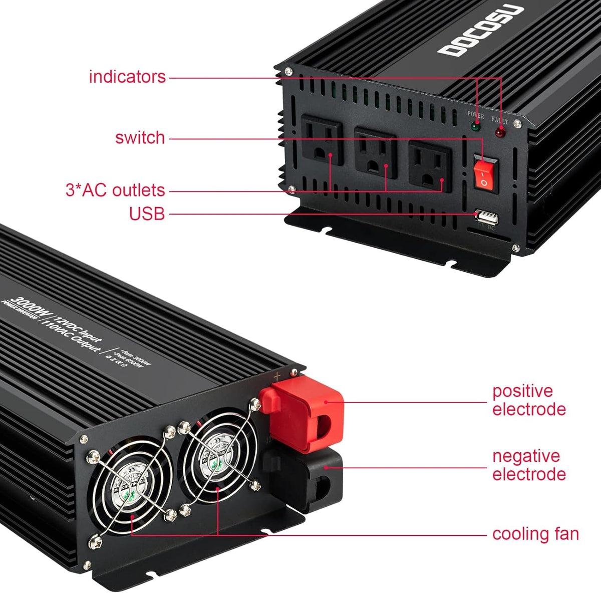 3000 Watt Power Inverter with 3 AC Outlets Modified Sine Wave M19084