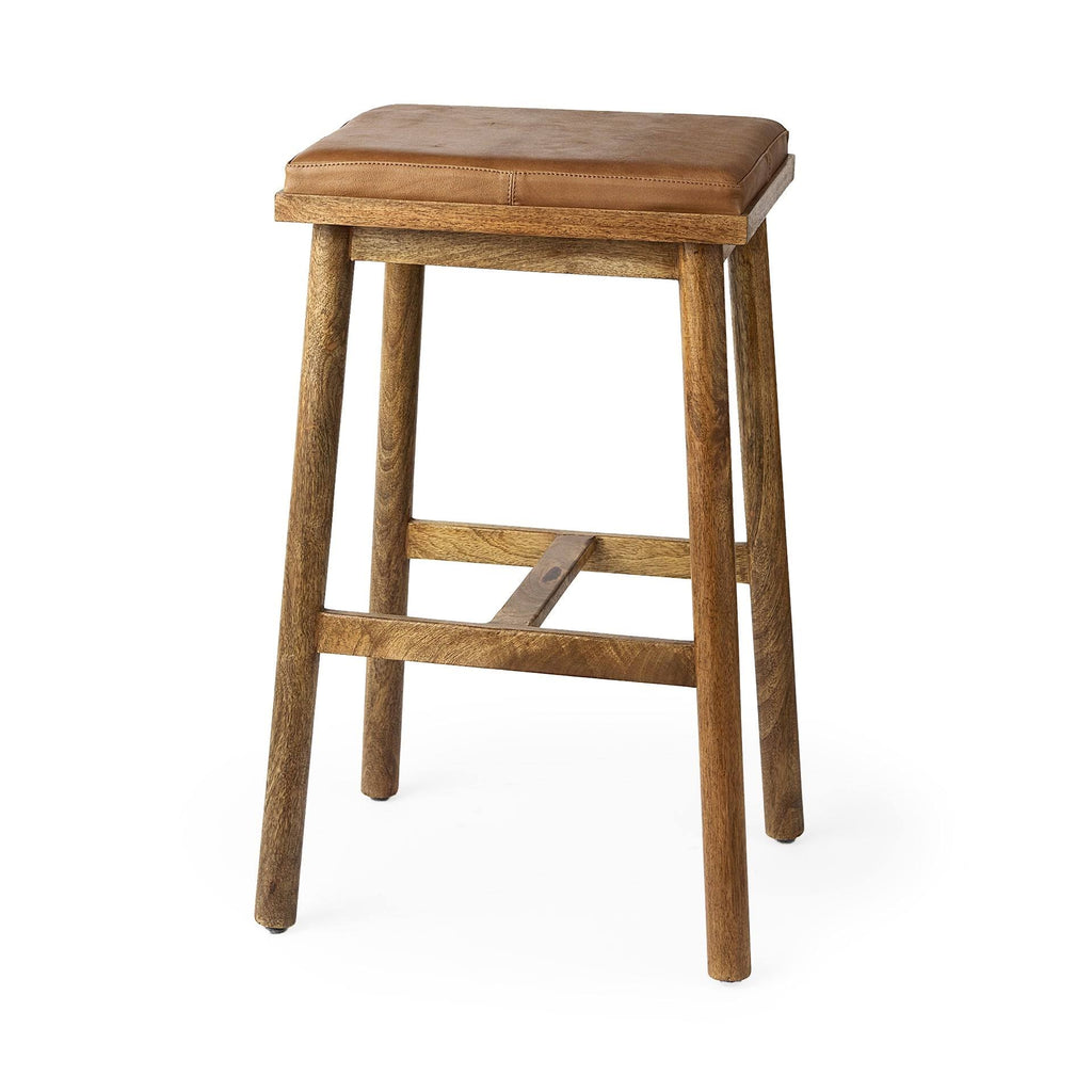 Cognac Brown Leather Medium Brown Wood Bar Stool A19415