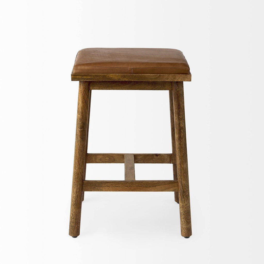 Cognac Brown Leather Medium Brown Wood Bar Stool A19415