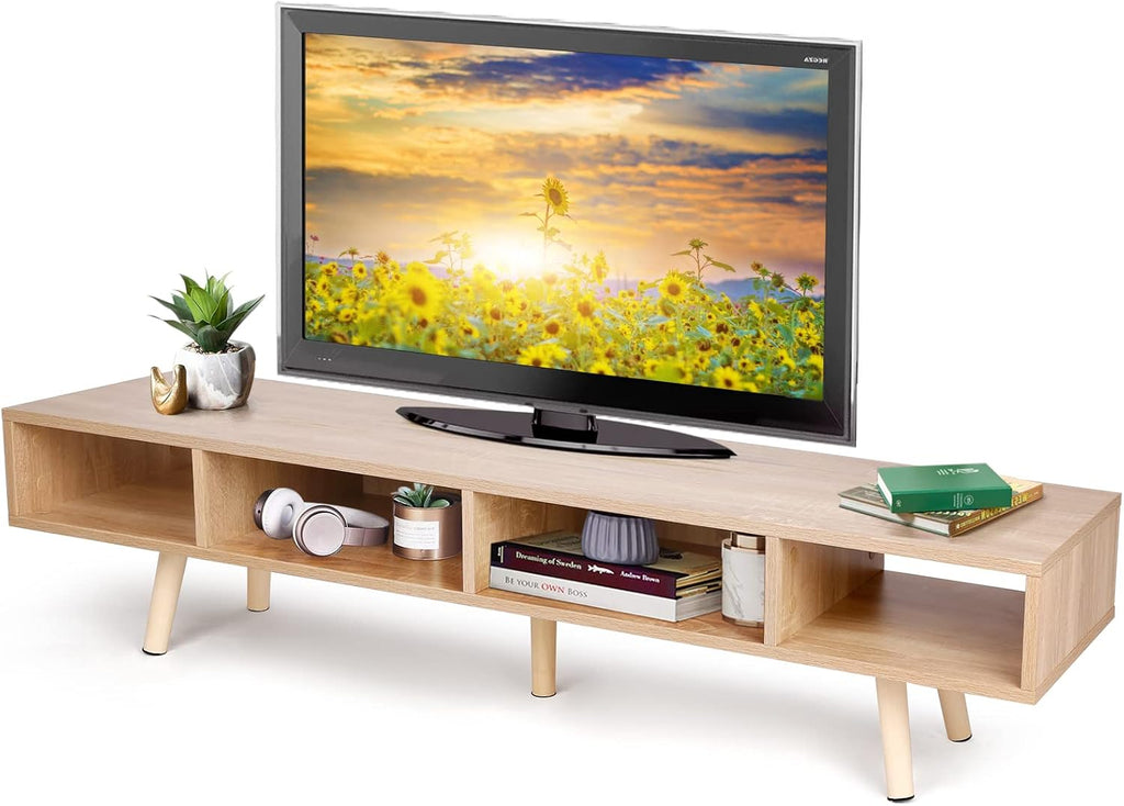 Mid-Century Modern TV Stand with 4 Storage Shelves, Walnut V25664