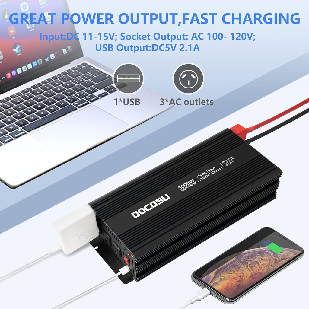 3000 Watt Power Inverter with 3 AC Outlets Modified Sine Wave M19084