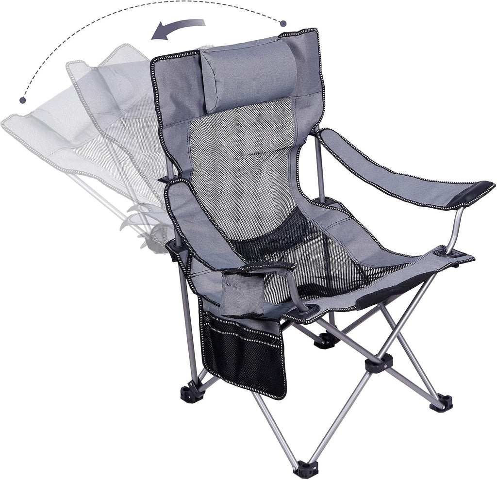 Green Folding Adjustable Recliner Camping Chair with Headrest Cup Holders Side Pocket K53016
