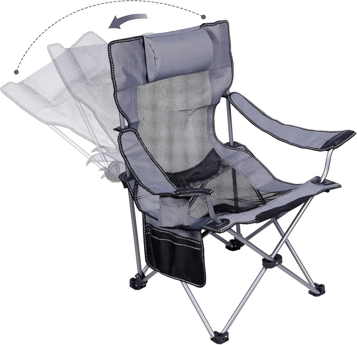 Green Folding Adjustable Recliner Camping Chair with Headrest Cup Holders Side Pocket K53016