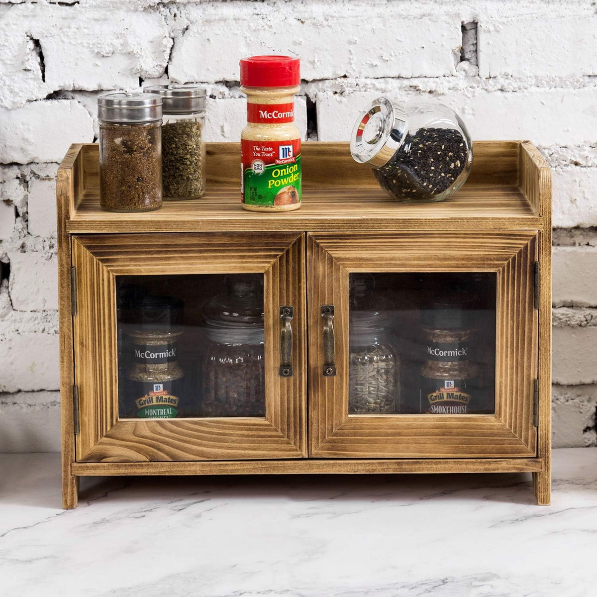 Dark Brown Wood Counter Top Storage Cabinet with Glass Windows A52683