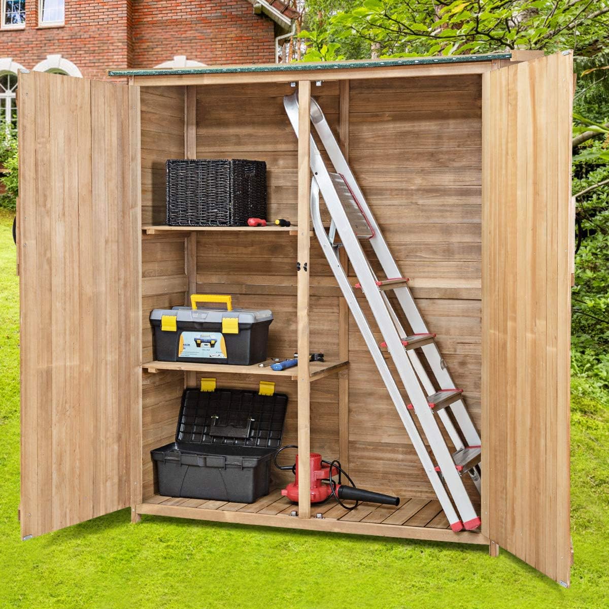 Outdoor Fir Wood Storage Shed with Lockable Doors V7006