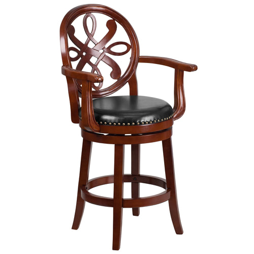 26" High Wood Counter Height Stool with Arms and Black Leather Swivel Seat M20666
