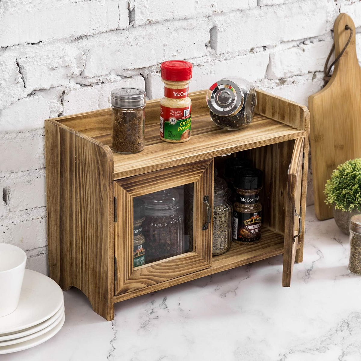 Dark Brown Wood Counter Top Storage Cabinet with Glass Windows A52683