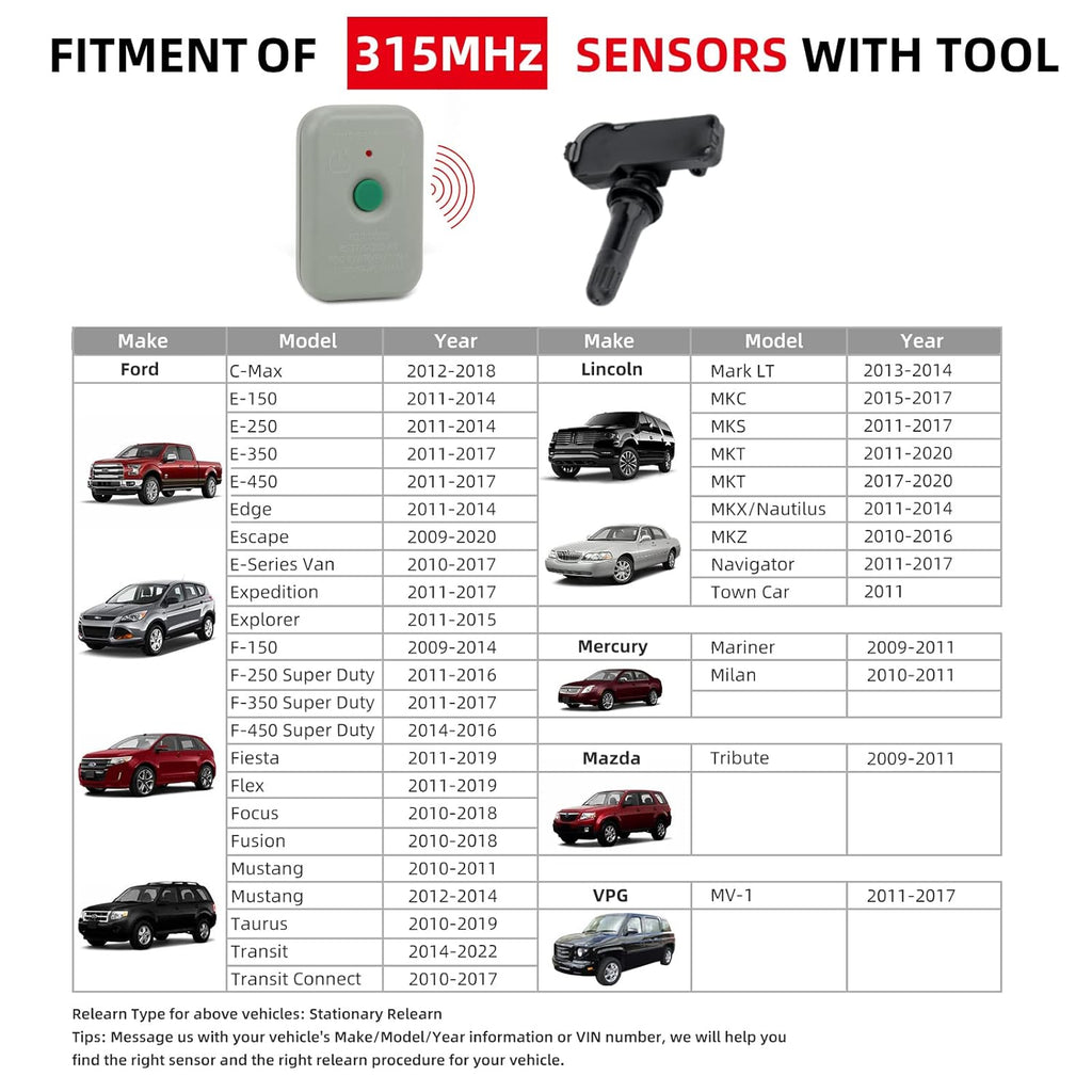 315MHz Tire Sensors with Relearn Tool F761