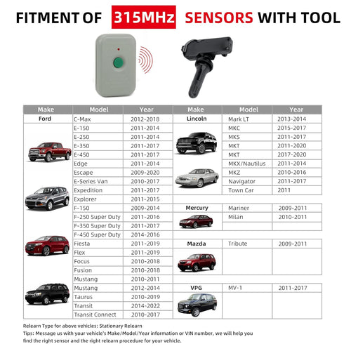 315MHz Tire Sensors with Relearn Tool F761