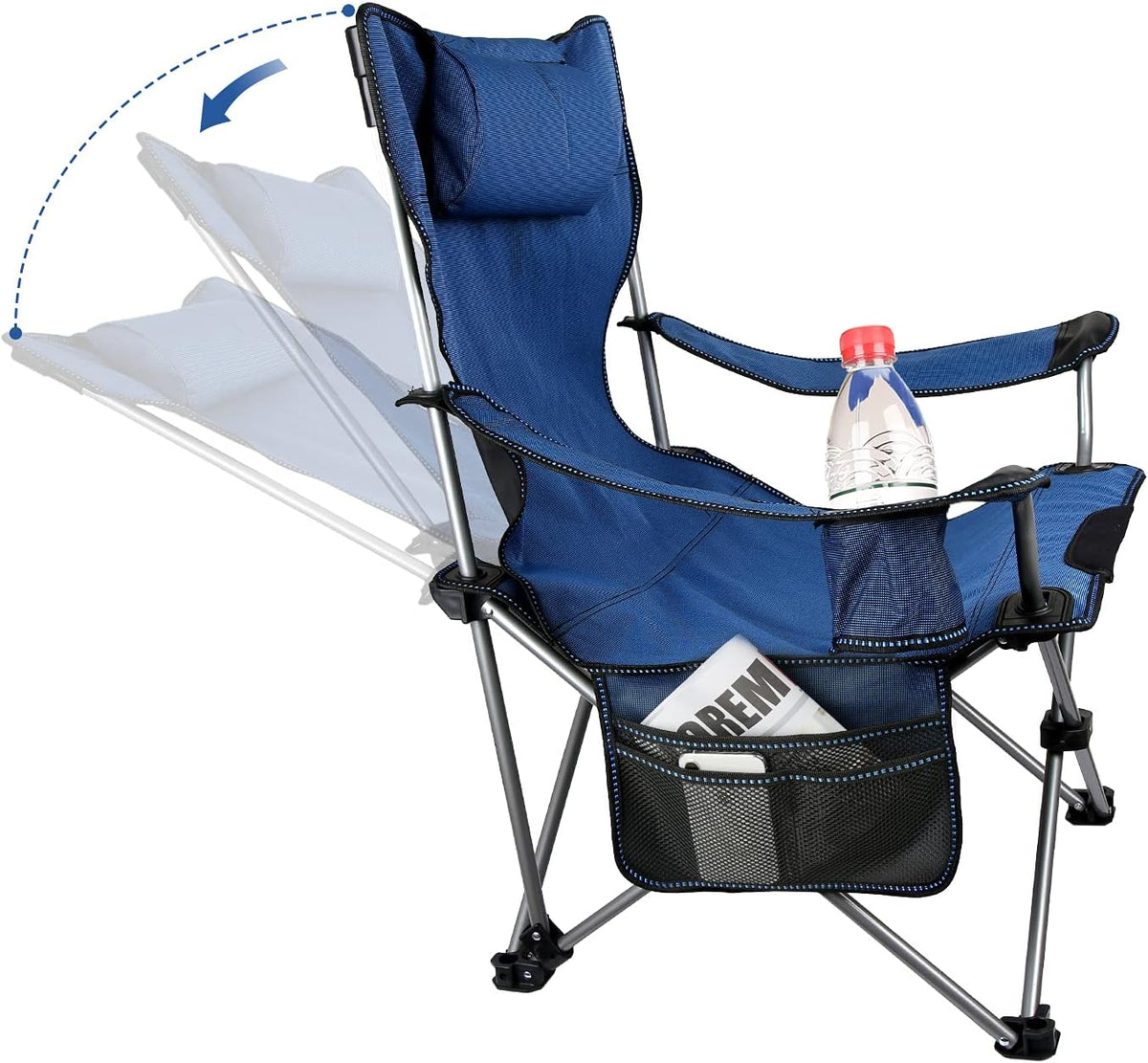 Green Folding Adjustable Recliner Camping Chair with Headrest Cup Holders Side Pocket K53016