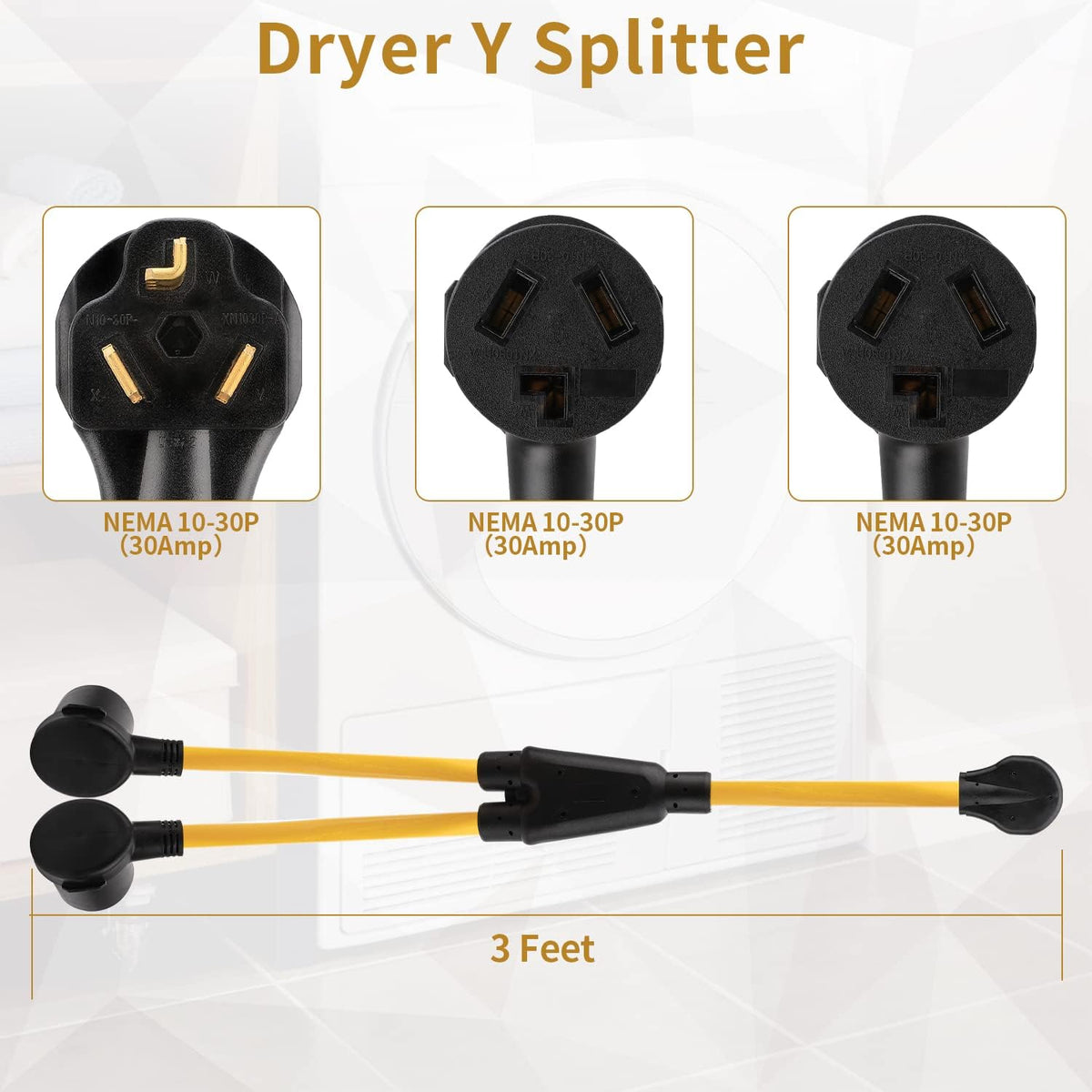 3 Prong Dryer Y Splitter 3 FT 30 Amp 250 Volt 10 AWG Power Cable N41130