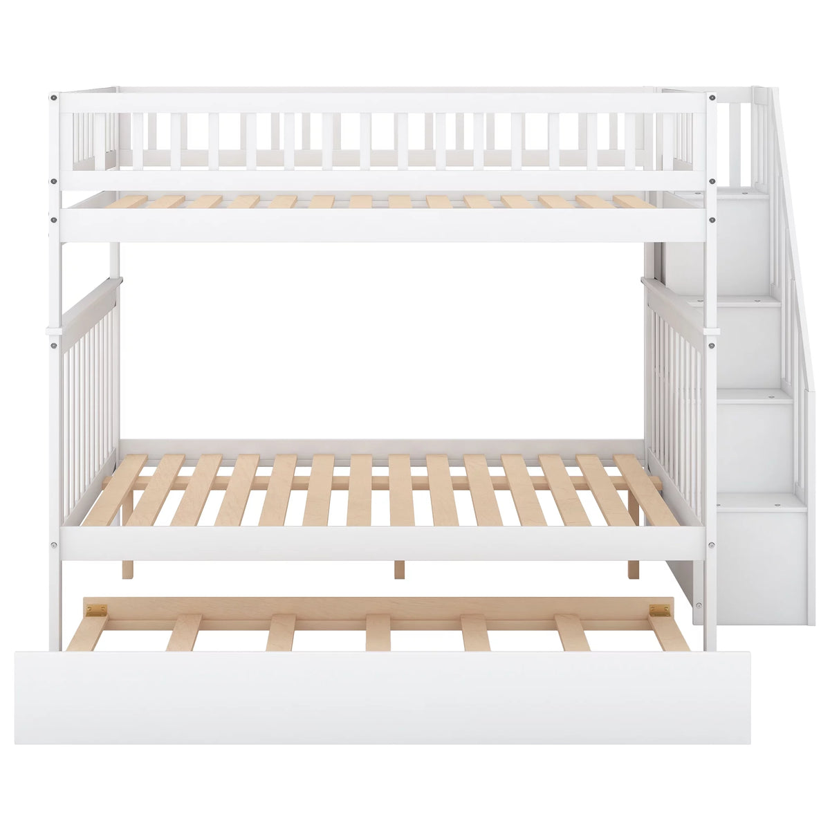 White Full over Full Bunk Bed with Trundle and Storage Shelves A2155