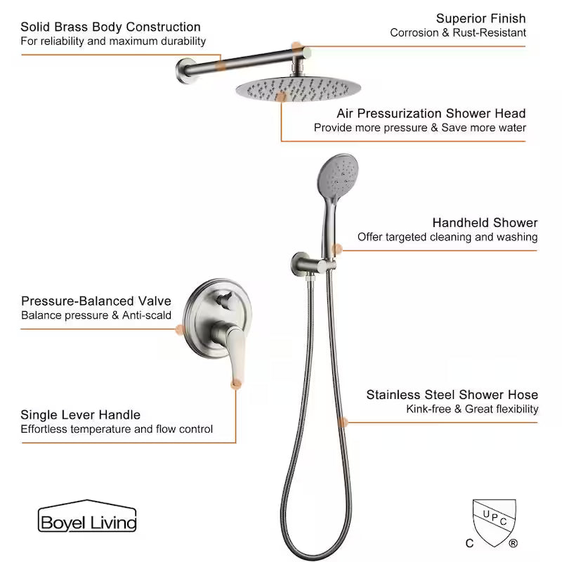 10 in. Wall Mount Dual Shower Heads with Valve in Brushed Nickel I70443