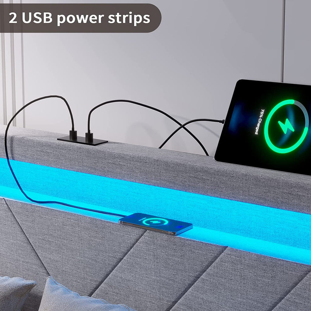 Queen Bed Frame with LED Lights Headboard, 4 Drawers, 2 USB Charging Station, Upholstered Platform Bed, Dark Gray L44639