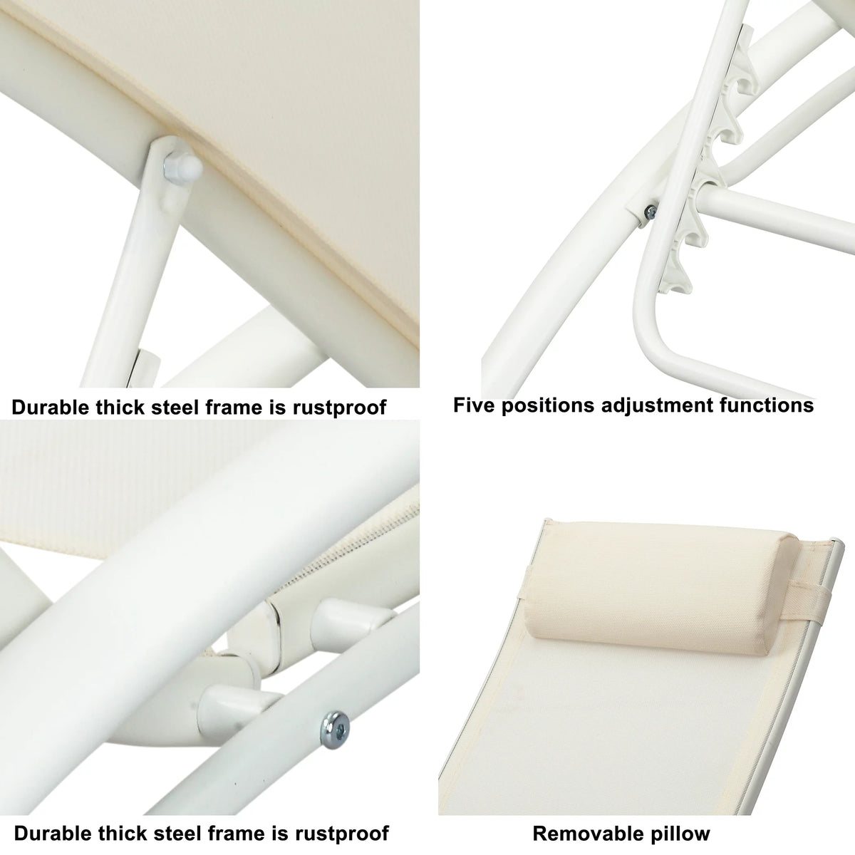 White Set of 2 Adjustable 5-Position Patio Chaise Lounges with Pillow Y3383