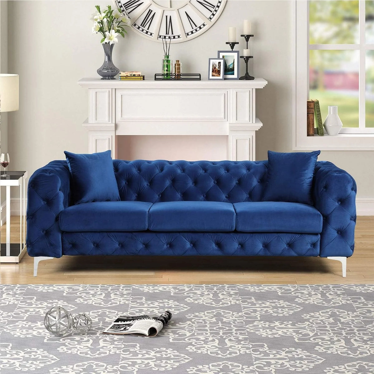 Blue Velvet Loveseat and Sofa Set with Solid Wood Frame and Iron Legs T413