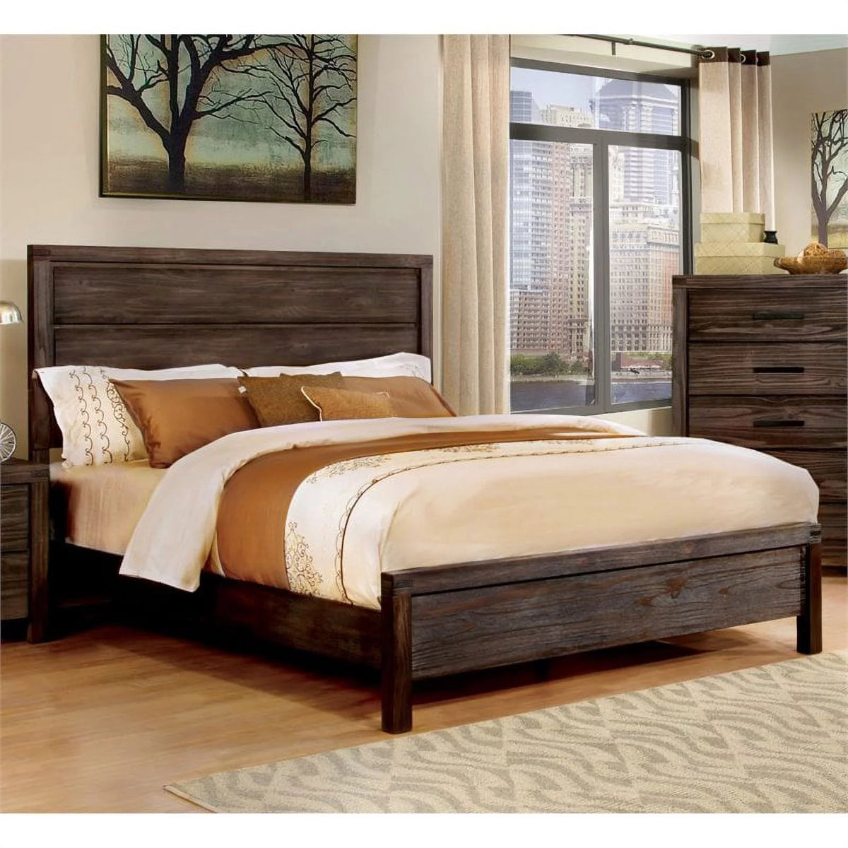 King Panel Bed Wire-Brushed Brown A9553