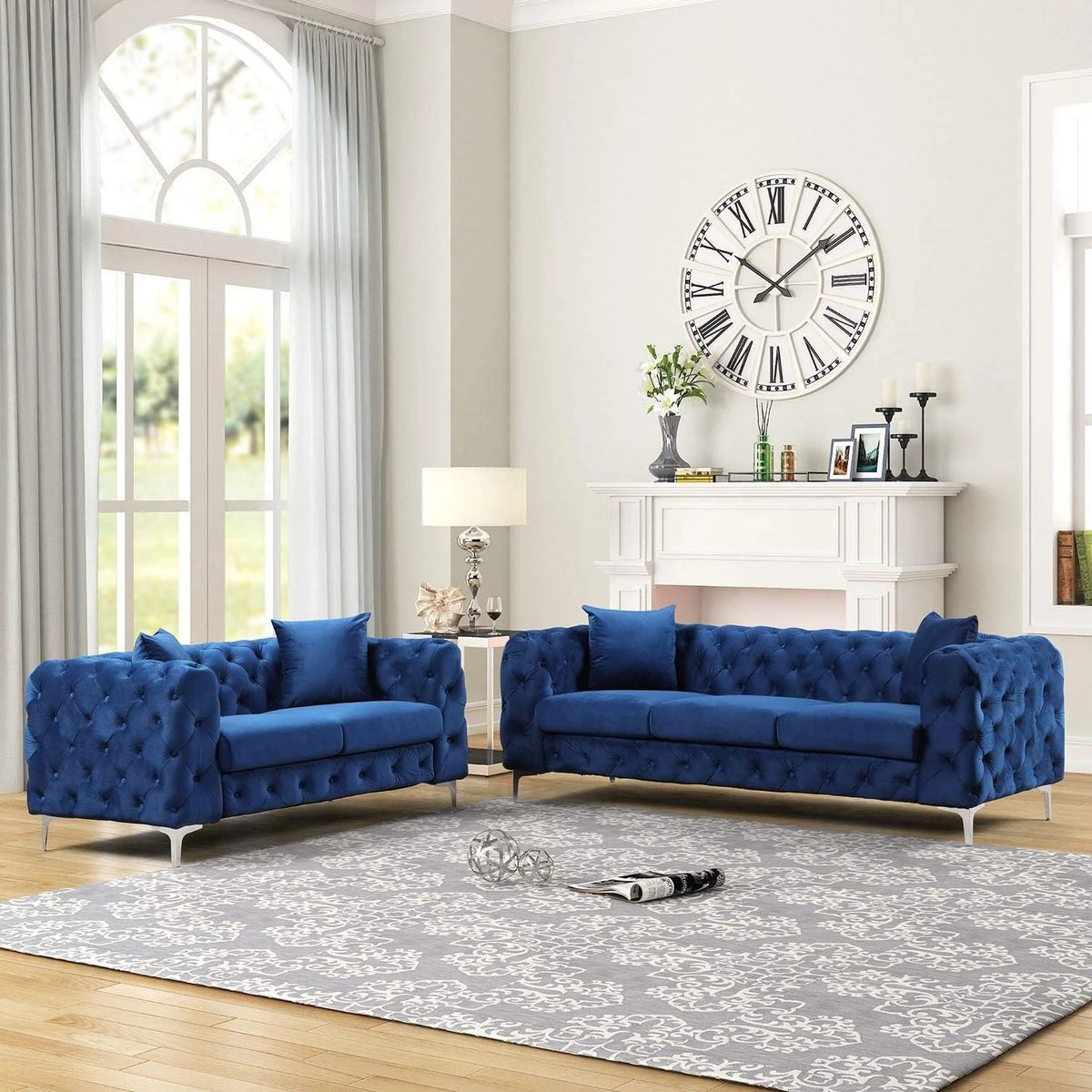 Blue Velvet Loveseat and Sofa Set with Solid Wood Frame and Iron Legs T413