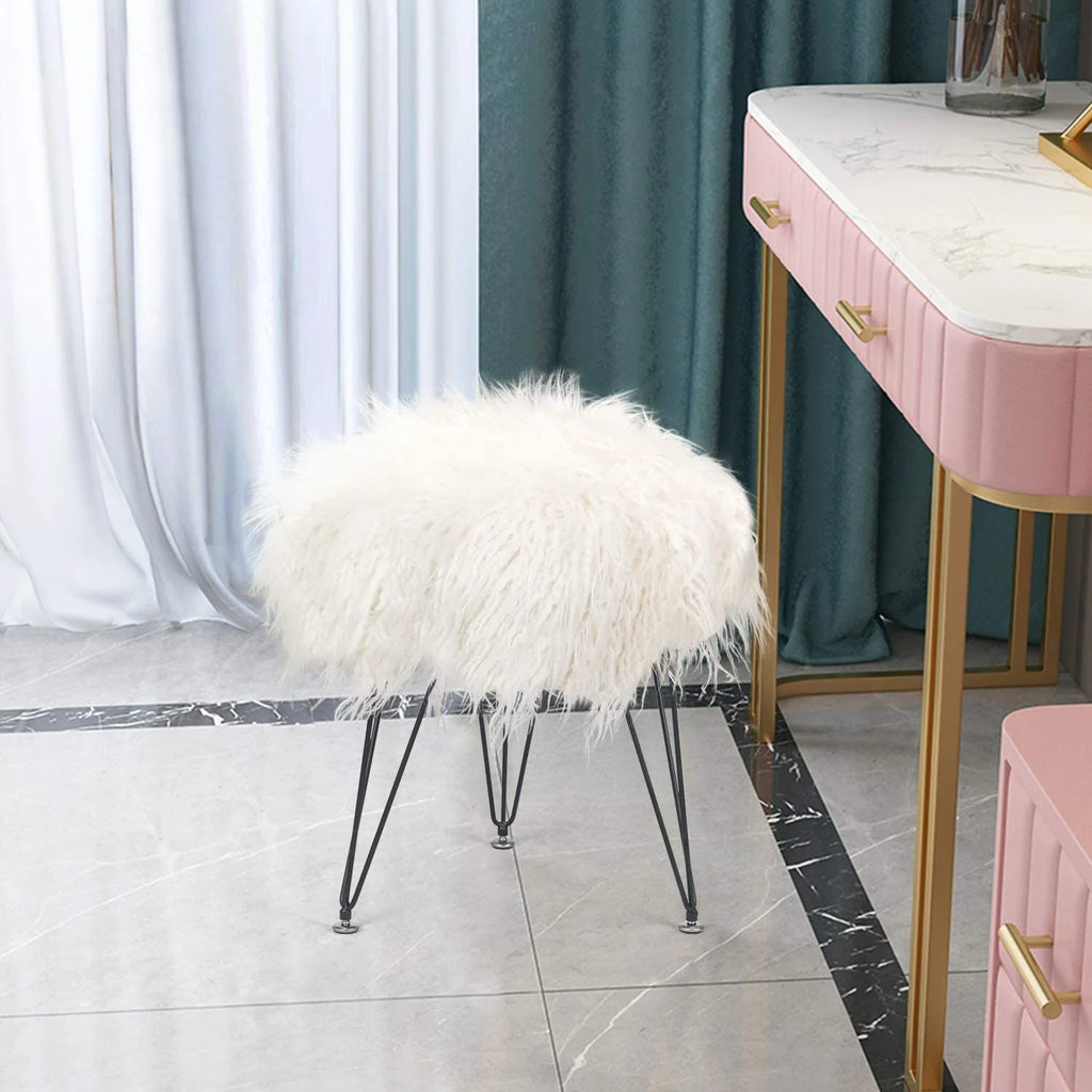 Faux Fur Ottoman Footrest with Metal Legs White X411