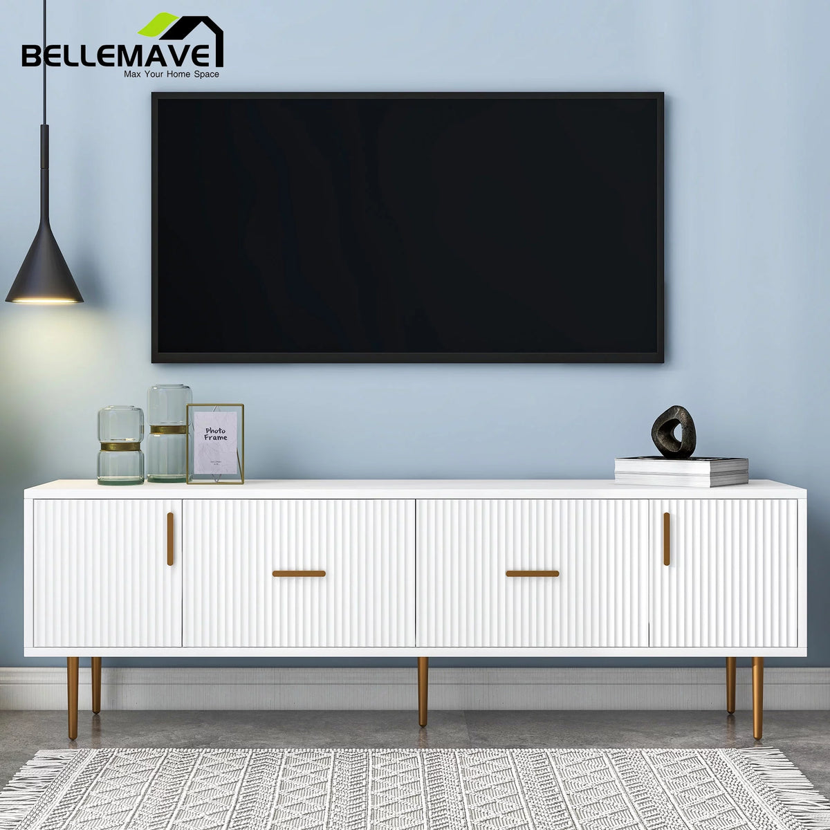 White Wood TV Stand with 2 Drawers and Cabinets W780