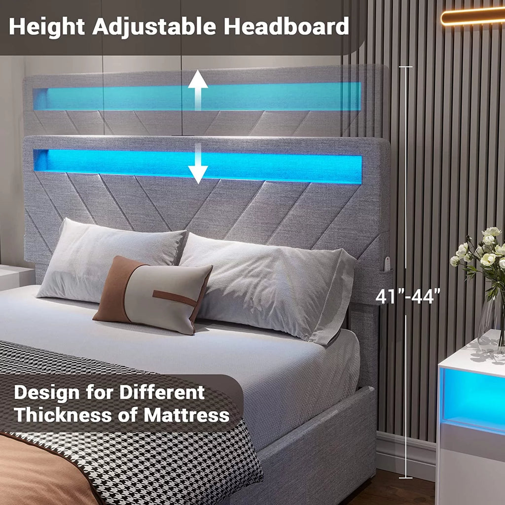 Queen Bed Frame with LED Lights Headboard, 4 Drawers, 2 USB Charging Station, Upholstered Platform Bed, Dark Gray L44639