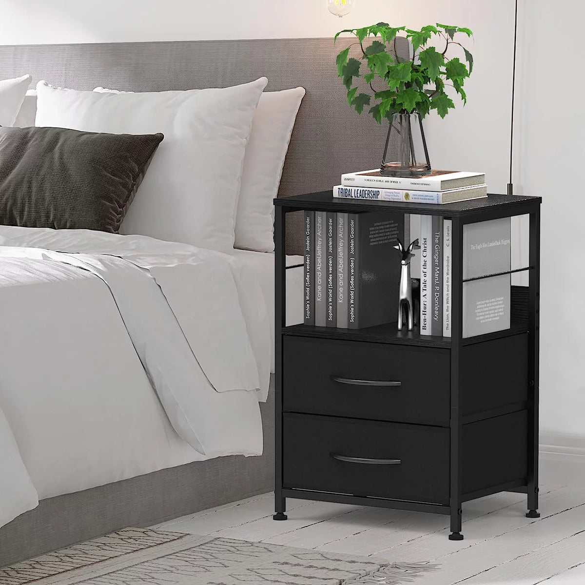 Brown Wood Nightstand with 2 Drawers and Open Shelf K802