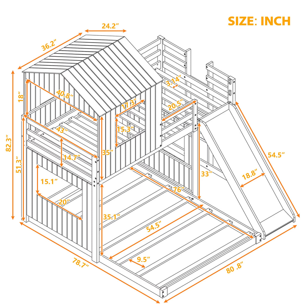 White Wooden Twin Over Full Bunk Bed with Ladder, Slide and Guardrails A6757