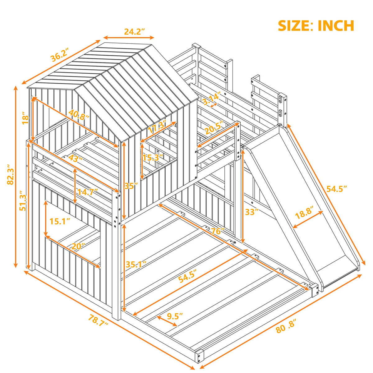 White Wooden Twin Over Full Bunk Bed with Ladder, Slide and Guardrails A6757