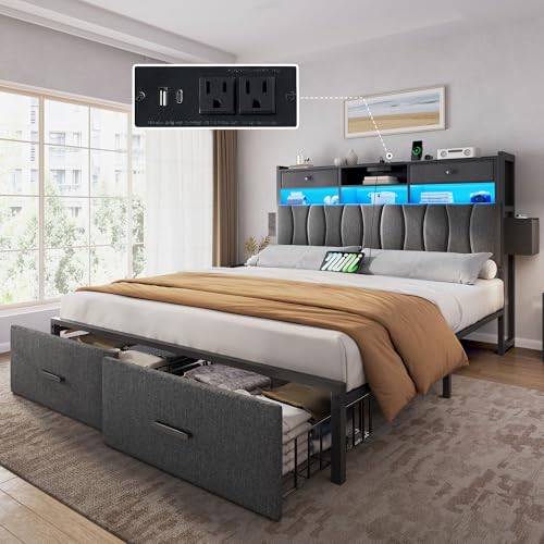 King Size Upholstered Platform Bed with 2 Storage Drawers and LED Light, Black C913710