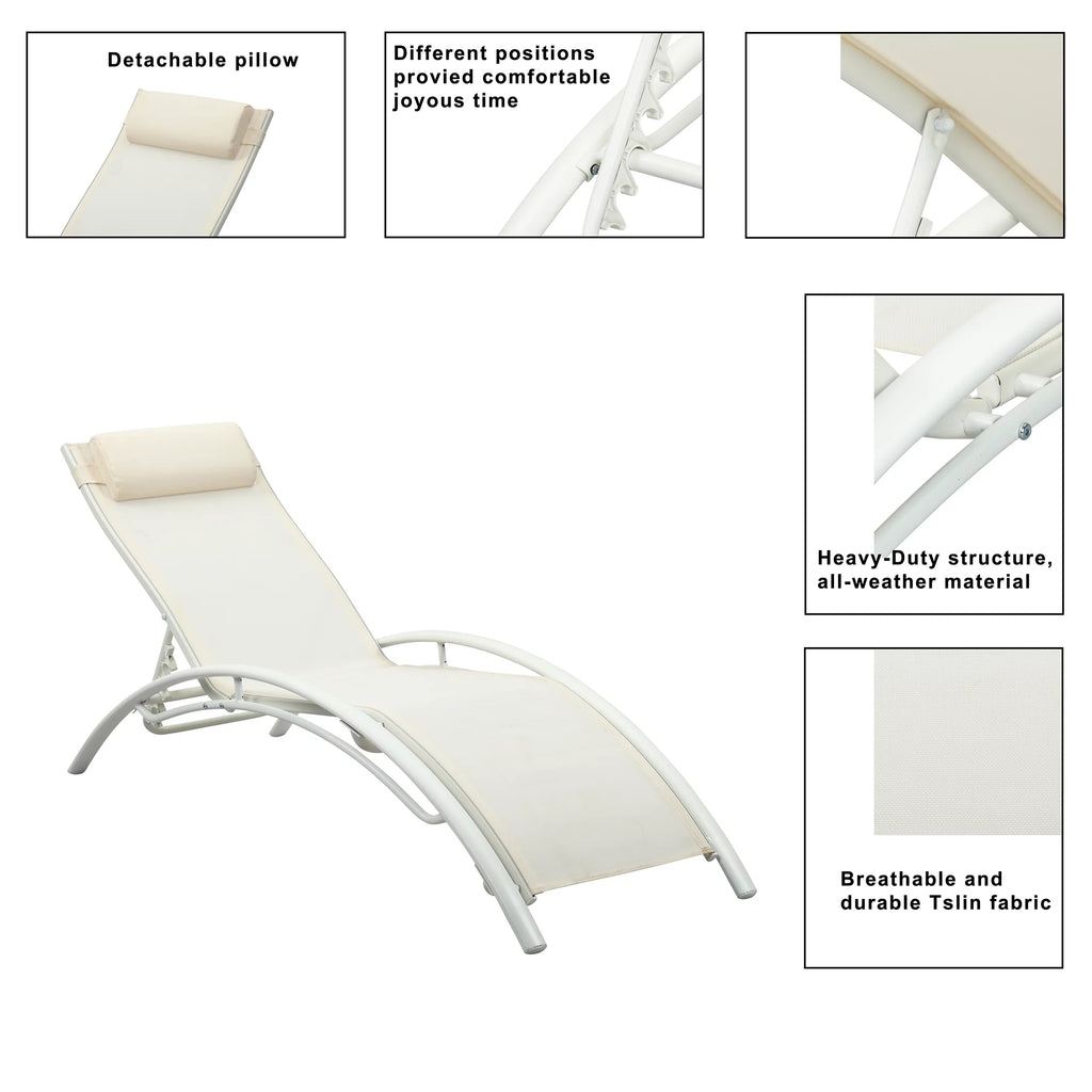 White Set of 2 Adjustable 5-Position Patio Chaise Lounges with Pillow Y3383