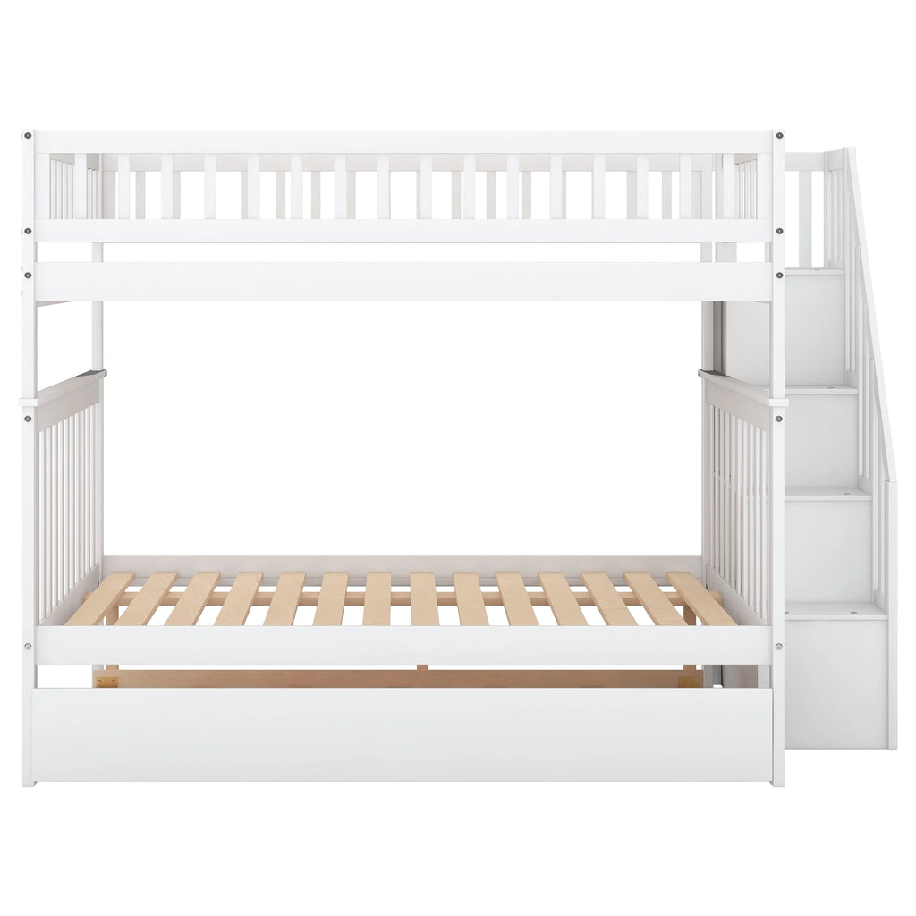 White Full over Full Bunk Bed with Trundle and Storage Shelves A2155