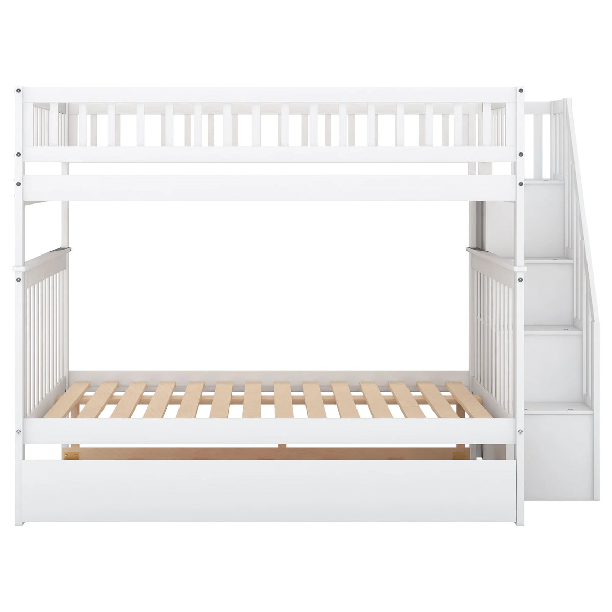 White Full over Full Bunk Bed with Trundle and Storage Shelves A2155