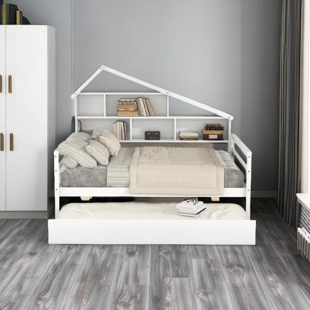 Solid Wood Full Size Platform Bed with Trundle and Bookcase O840