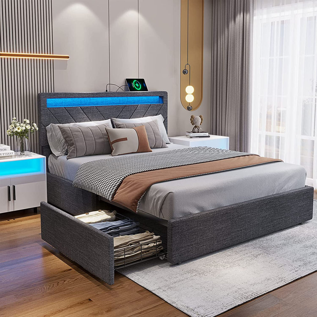 Queen Bed Frame with LED Lights Headboard, 4 Drawers, 2 USB Charging Station, Upholstered Platform Bed, Dark Gray L44639