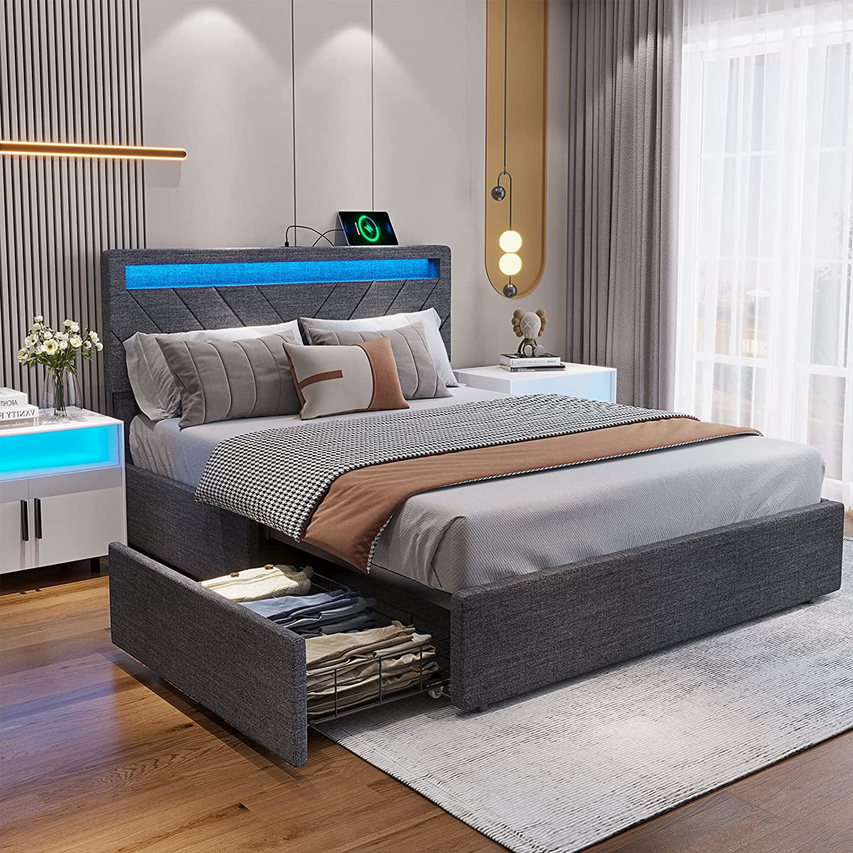 Queen Bed Frame with LED Lights Headboard, 4 Drawers, 2 USB Charging Station, Upholstered Platform Bed, Dark Gray L44639