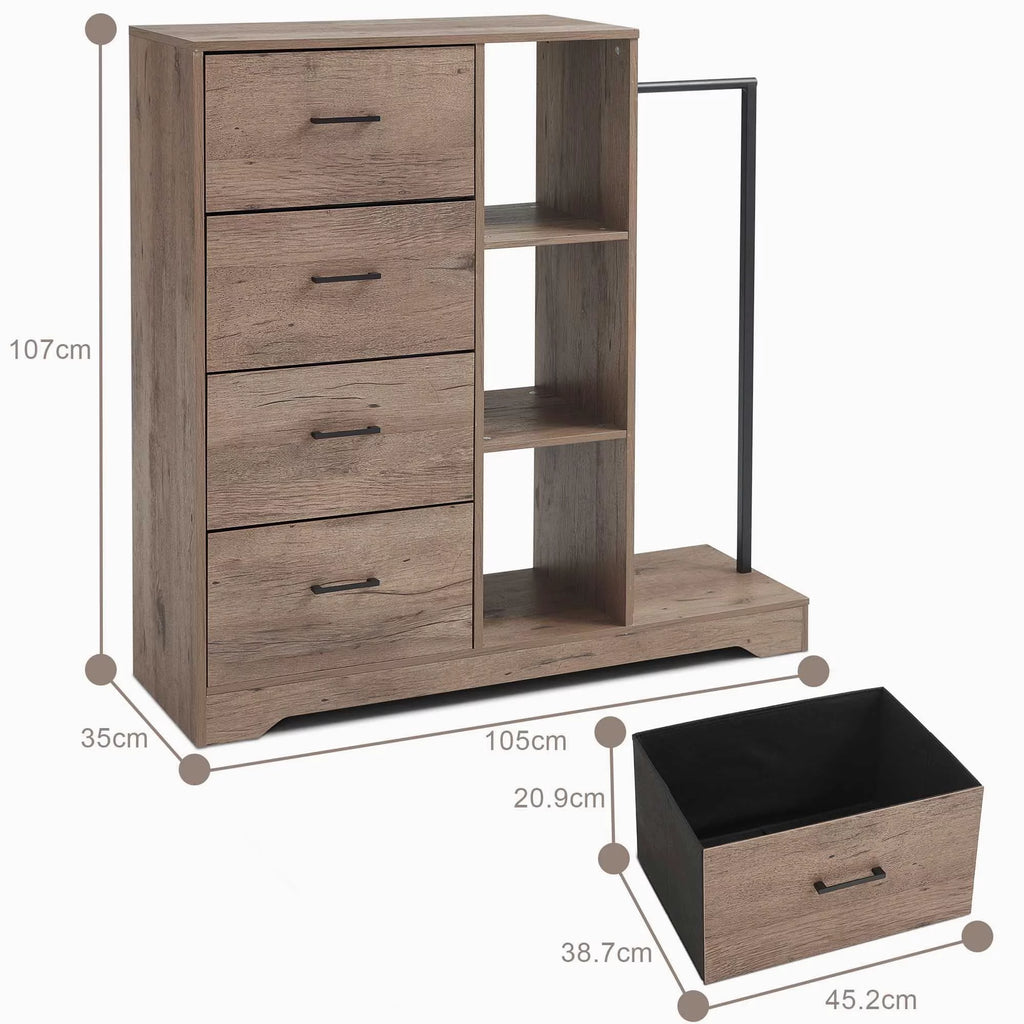 4 Drawer Dresser with Clothes Rack and Shelves I689675