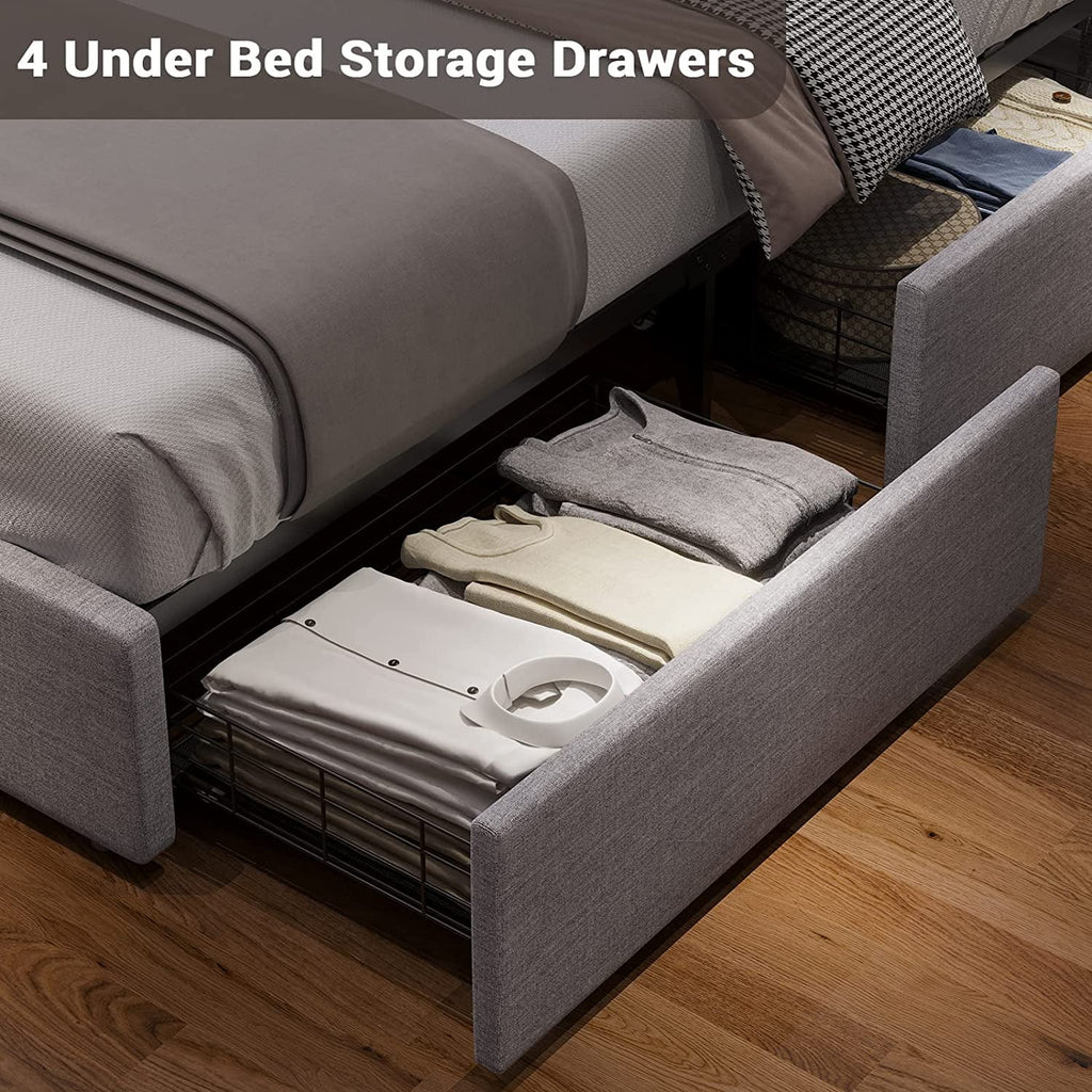 Queen Bed Frame with LED Lights Headboard, 4 Drawers, 2 USB Charging Station, Upholstered Platform Bed, Dark Gray L44639
