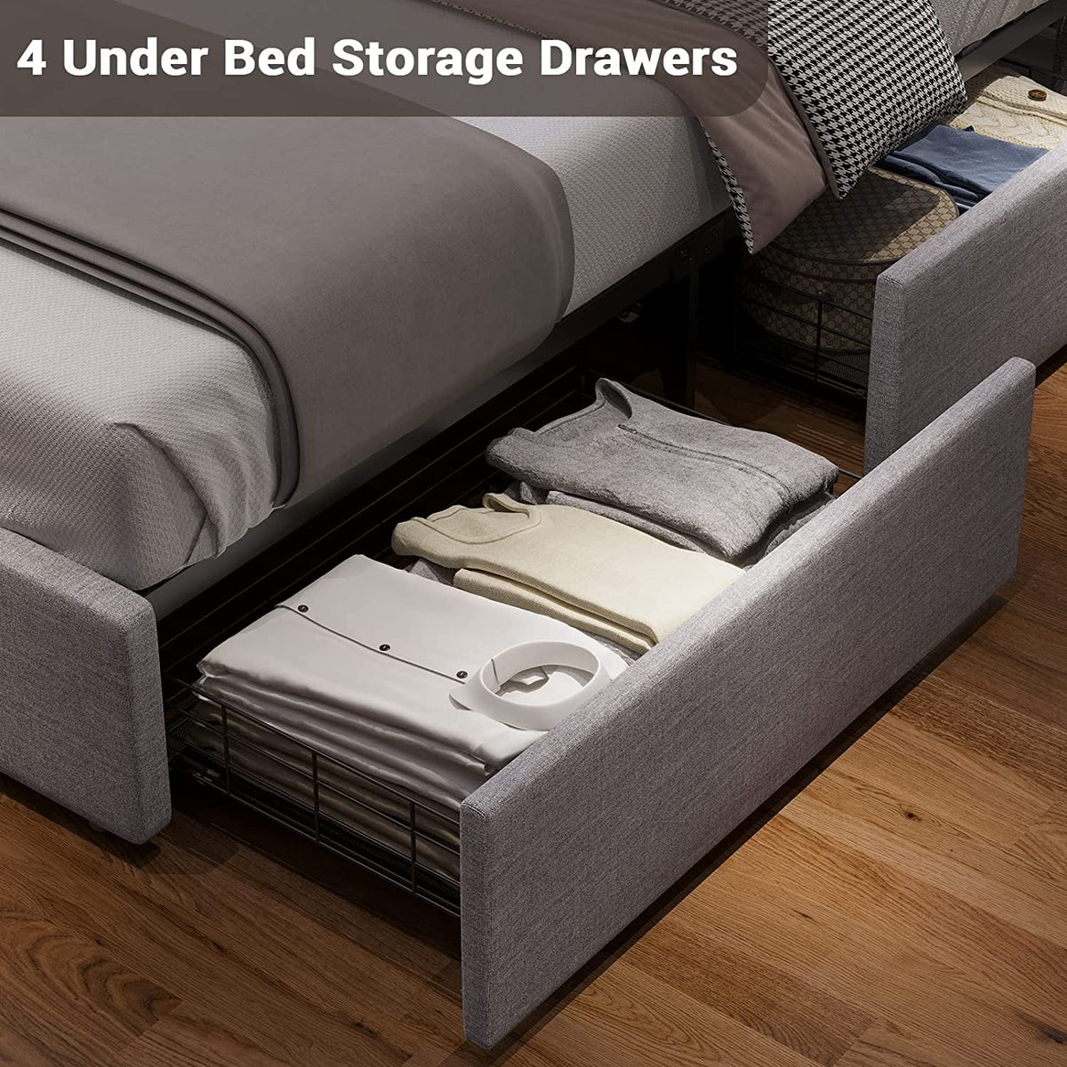 Queen Bed Frame with LED Lights Headboard, 4 Drawers, 2 USB Charging Station, Upholstered Platform Bed, Dark Gray L44639
