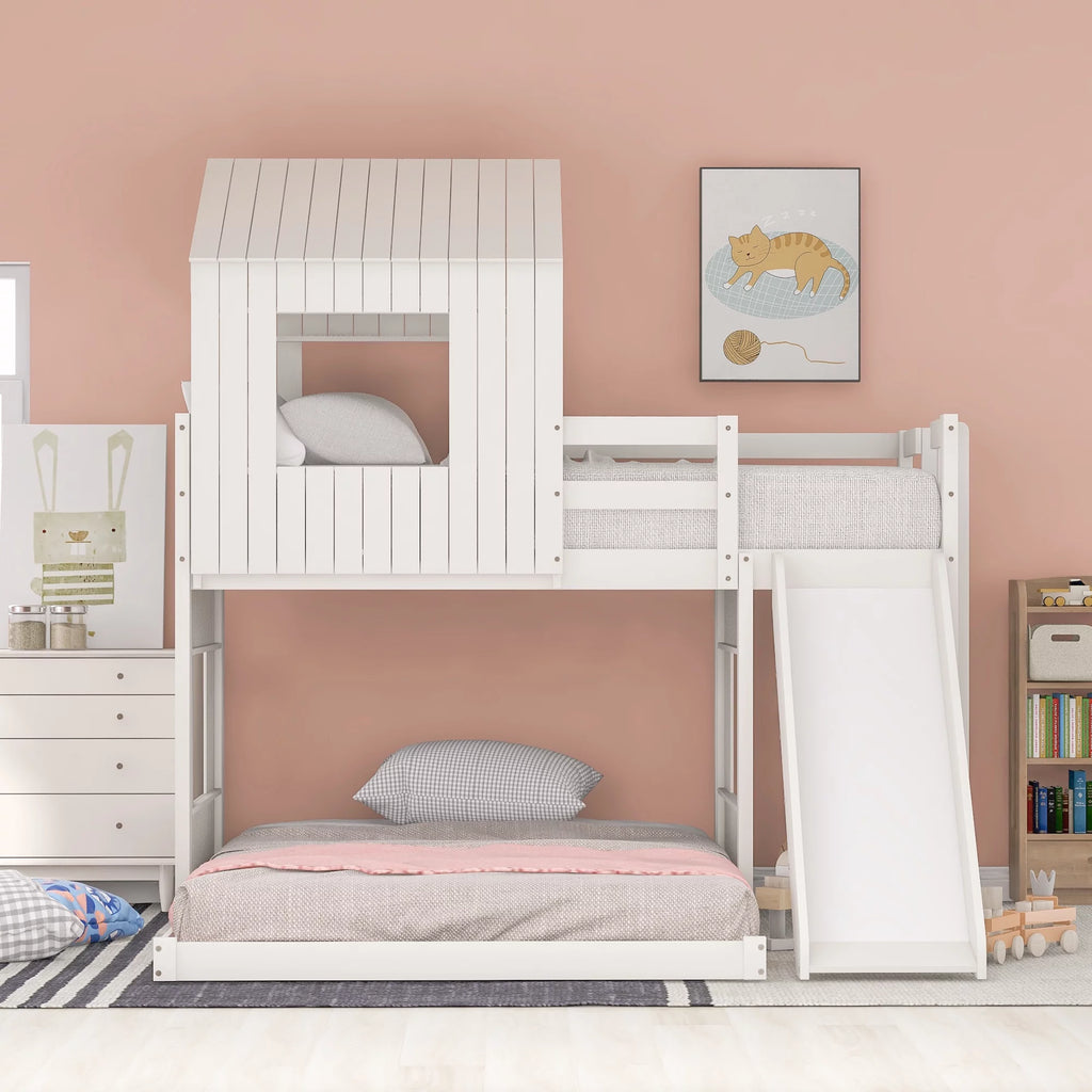 White Wooden Twin Over Full Bunk Bed with Ladder, Slide and Guardrails A6757