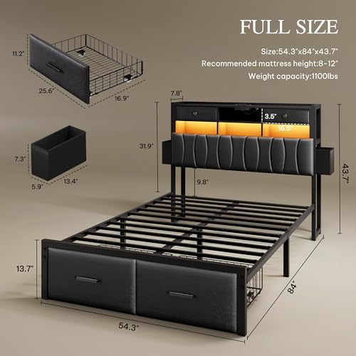 King Size Upholstered Platform Bed with 2 Storage Drawers and LED Light, Black C913710