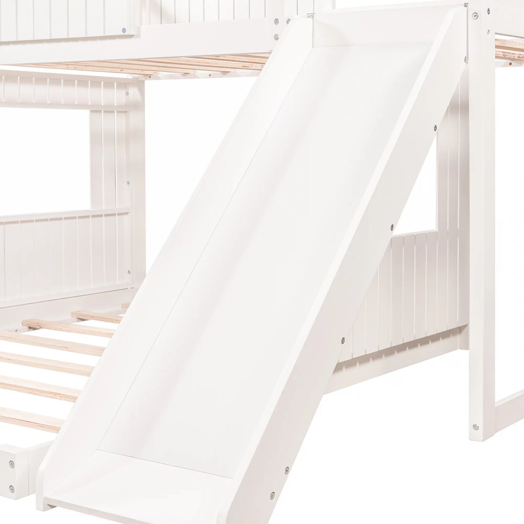 White Wooden Twin Over Full Bunk Bed with Ladder, Slide and Guardrails A6757