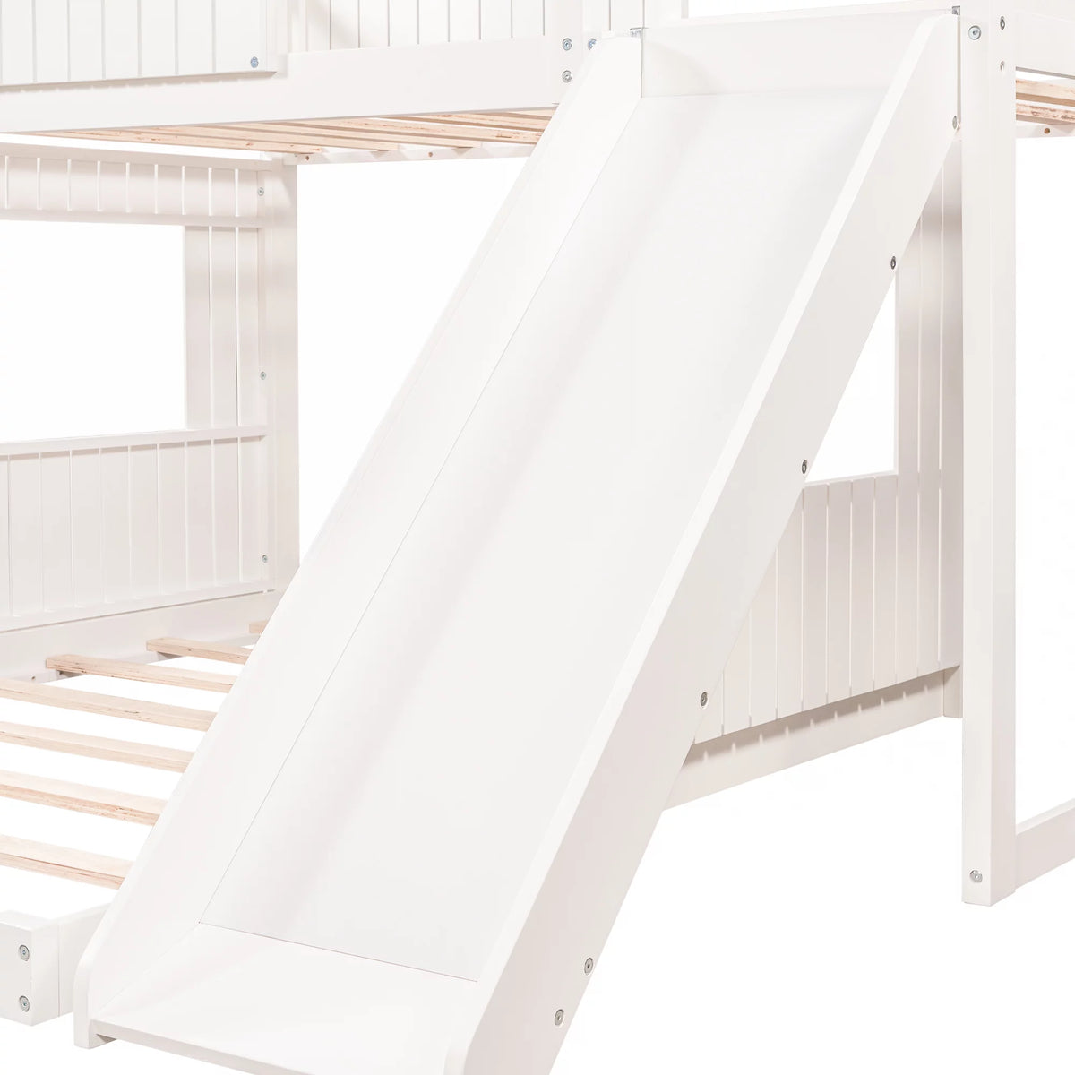 White Wooden Twin Over Full Bunk Bed with Ladder, Slide and Guardrails A6757