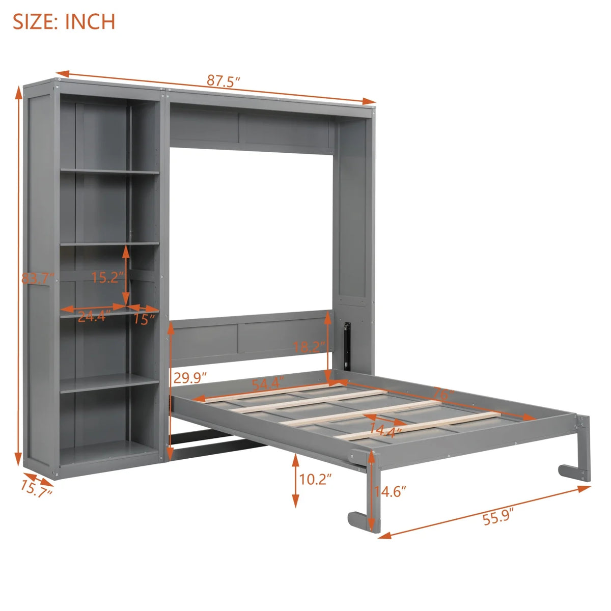 Full Size Gray Murphy Bed with Side Bookshelf Y38885
