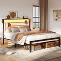 Queen Size Black Metal Platform Bed Frame with LED Storage Headboard L409117